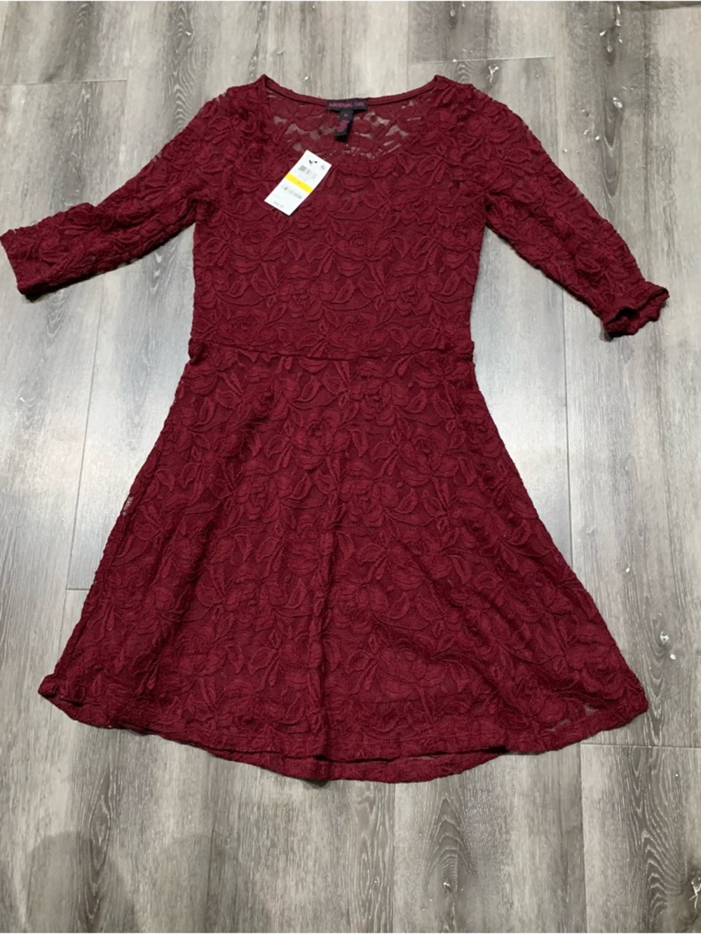 New Material Girl lace- Floral burgundy skater dress